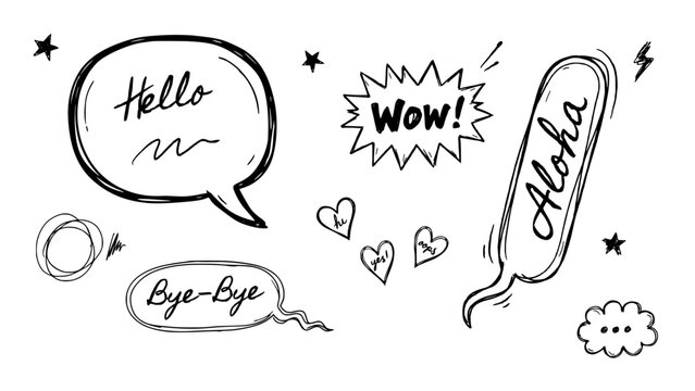 Speech Bubble Doodle with "Hello", "Bye-Bye", and "Wow" Hand-Drawn Icons, Stars, Hearts, and Cloud Shapes on White