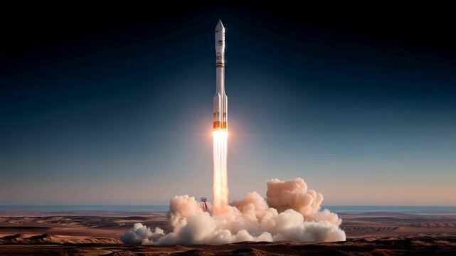 Engine ignition flash marks the start of the rocket launch on the desert launch pad Generative AI