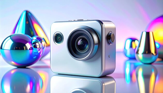 Metallic, square camera with lens and additional lens, geometric shapes with iridescent sheen