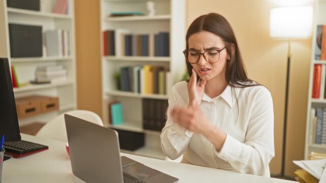 Woman in glasses holding jaw with hand and wincing while seated at laptop on a desk with bookshelf and floor lamp in building; stress fatigue.