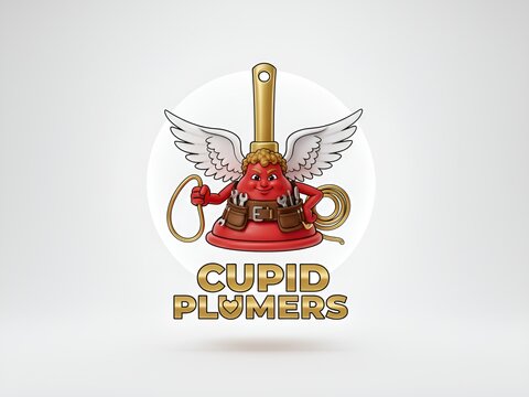 Cupid Plumers logo shows a character with wings holding tools for plumbing repair work