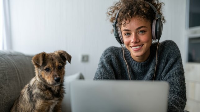 Woman wearing headphones smiling with dog on sofa indoors