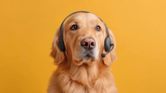 Golden retriever dog wearing black headset with microphone looking forward on orange background professional customer support concept