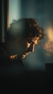 Young man looking down in low warm side light interior