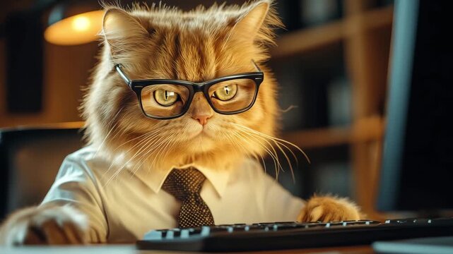 A cat wearing glasses sits at a desk typing on a computer in an office setting with bookshelves in the background