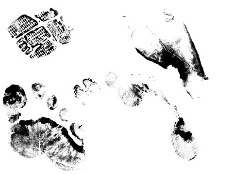 A collection of grunge black ink footprint textures showing sneaker shoe sole patterns and tread marks on a clean white background. Perfect for crime scene, forensic investigation, or athletic design 