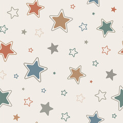 Obraz premium Modern seamless star pattern featuring outline stars, hand drawn stars, thick outline stars, minimalist geometric elements. Trendy kids repeating backgrounds for kids textiles, fabric, paper