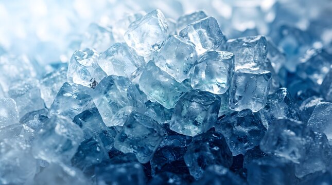 Macro Photography Of Irregular Translucent Ice Cubes With Left Shifted Blue Backlight And Blurred Edges For Copy Space