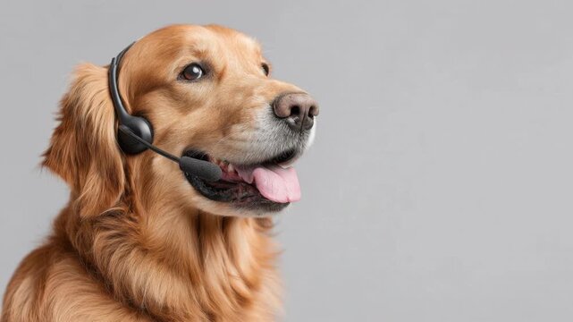 Golden retriever dog wearing black headset with microphone, looking side with tongue out, isolated on neutral gray background, communication and technology concept