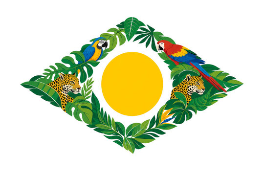 Brazil flag tropical jungle frame with jaguars and macaws