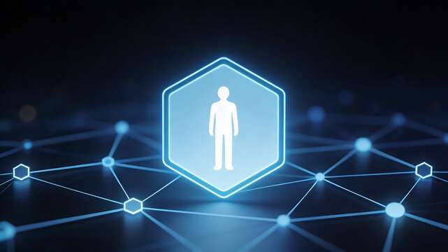 Human figure in glowing hexagon with network