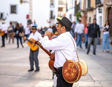 Traditional Spanish musicians performing folk music in a street festival.