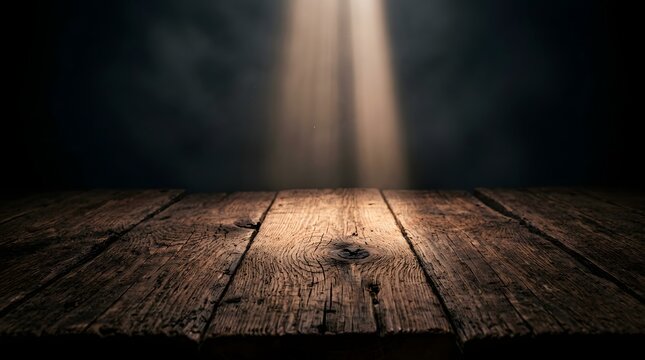 Dramatic spotlight on rustic wooden table dark moody background