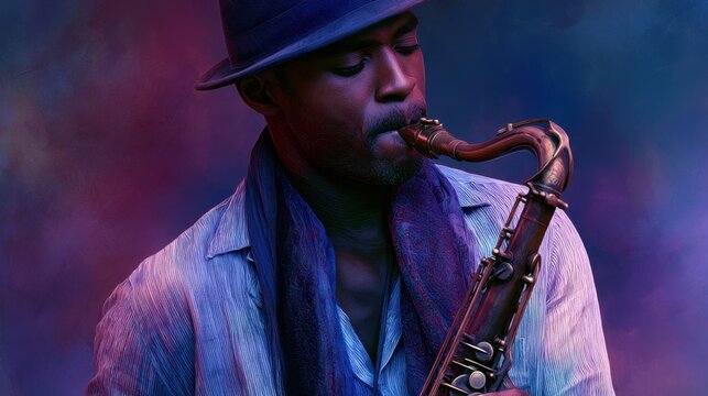Man playing saxophone in colorful smoky stage setting. Jazz Appreciation Month