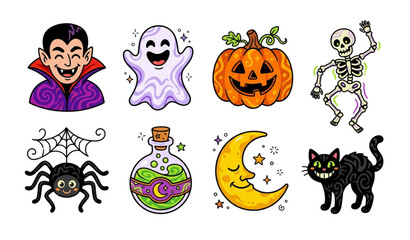 Naklejka premium Cute Groovy Halloween Character Pack in Vintage 90s Cartoon Style Vector Illustration
