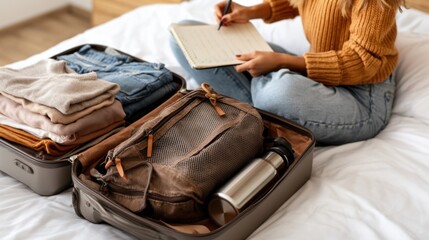 Person packing suitcase and writing list on bed indoors before travel © Soba