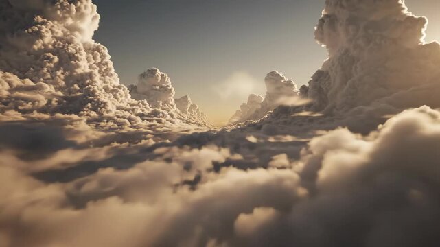 Expansive view of fluffy white clouds illuminated by golden sunlight, showcasing a serene sky with a gradual transition from light to shadow across the horizon