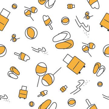 Seamless Summer Vacation Icon Pattern with Beach Ball, Luggage, Flip Flops and Popsicle