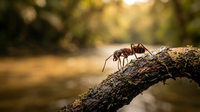 ant on riverbank in amazon rainforest brazil golden light close up video