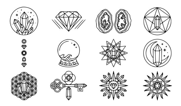 Mystical sacred geometry crystal quartz vector icon set with simple bold line art classic complete gem diamond cluster bohemian wave moon astrology and magic wellness clip art black and white