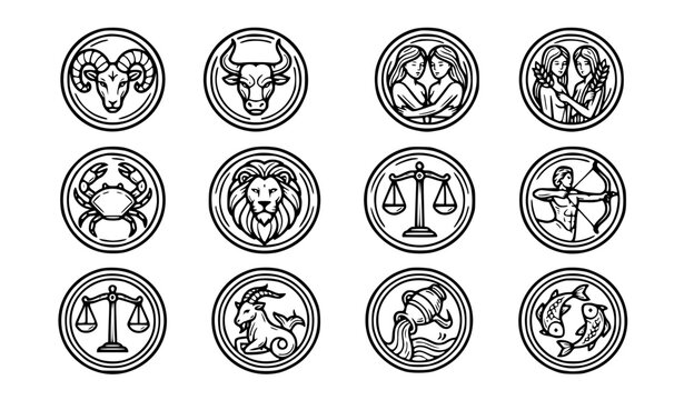 Neo-traditional zodiac signs emblem vector set with classic bold horoscope badge aries taurus gemini cancer leo virgo libra scorpio sagittarius capricorn aquarius pisces and sweet mystical line art fo