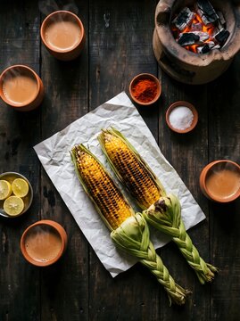 Rustic top-down view of roasted corn cobs on paper with hot tea in clay cups, lemon, spices, and charcoal stove on dark wood background.