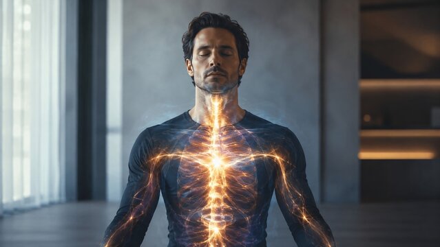 Man chest with glowing energy lines representing nervous system or meridian pathways. Human body anatomy concept with biofield and internal light. Science medical visualization of vitality.