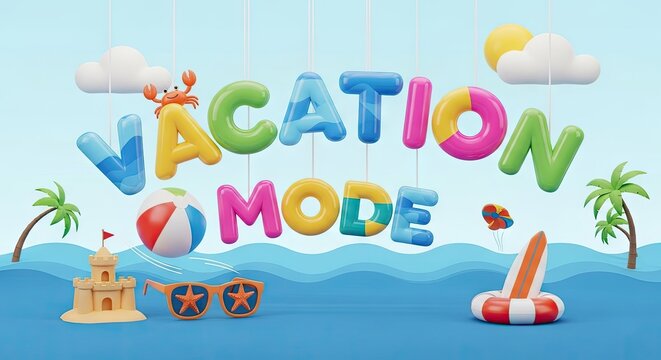Colorful vacation mode text composition with beach elements and graphics