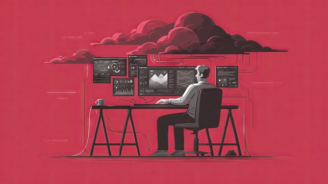 Man analyzing data on multiple monitors in dark office.