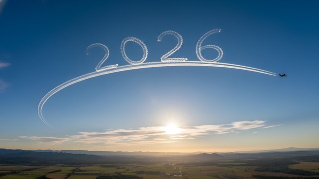 Skywriting of the year 2026 above a landscape during sunset with an airplane creating the message