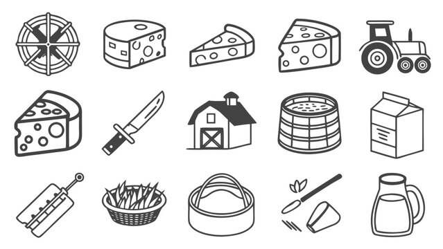 Assorted dairy farm and cheese making icons with cheese wedge, cheese block