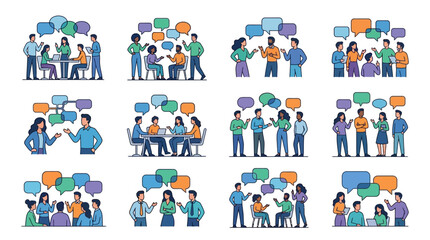 Fototapeta premium Diverse business people in dynamic meetings with speech bubbles, teamwork, communication.