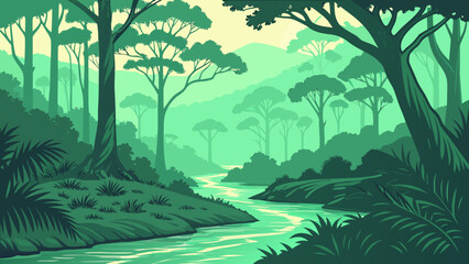 Lush green forest with a winding river wilderness landscape vegetation © Sara