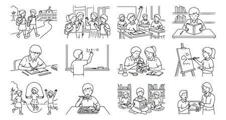 Obraz premium School life line art icons, student education activities set, 12 classroom vector illustrations