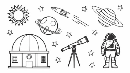 Space exploration icons set with astronaut and telescope black hole milky way © saty