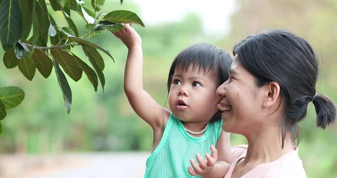 Happy mother holding her toddler while exploring and touching tree leaves outdoors. Family bonding, early childhood learning, nature exploration, parenting, and healthy lifestyle concept