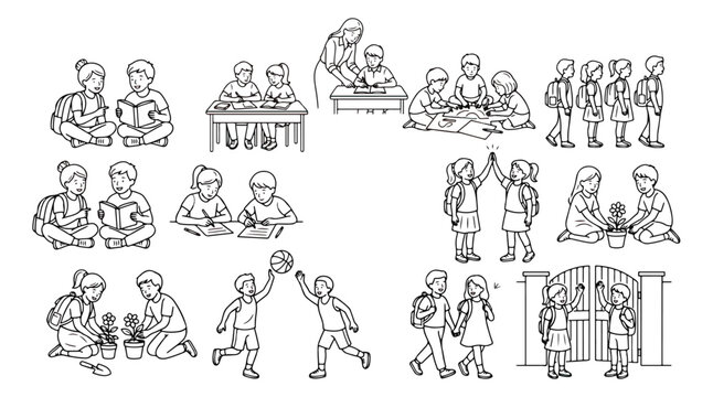 School children line art collection, primary students learning and playing, education vector set