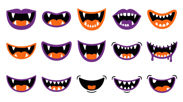 Cute Halloween Vampire Mouth Icons Collection &ndash; Cartoon Teeth, Lips and Fang Vector Set