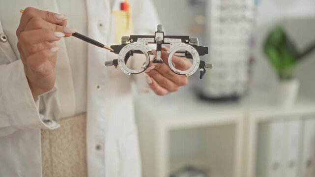 Woman optician holding phoropter and pointing with pen in an optometrist clinic building; calm confidence.