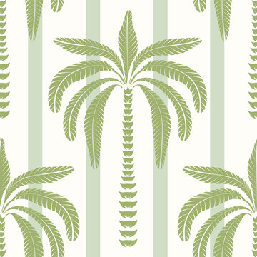 Elegant seamless tropical palm tree pattern with soft green vertical stripes. Perfect for fabric, wallpaper, wrapping paper, home decor, and summer textiles.