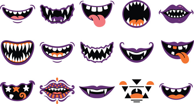 Halloween color vector icon set of monster mouths and teeth