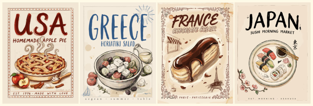 Four vintage-style travel posters celebrate global cuisines. USA: apple pie with cinnamon and nuts. Greece: bowl of fresh yogurt and fruit. France: chocolate eclair with Parisian flair