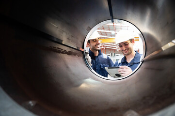 Two factory workers in safety helmet inspect large metal pipe using tablet, smiling and collaborating in industrial workshop environment © chotiga