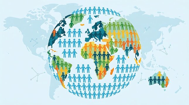 Global unity with diverse people holding hands on a world globe