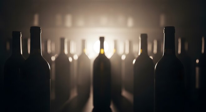 Wine bottles in a dark cellar.