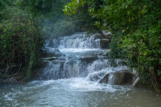 Waterfall at Nahal Hashofet at Ramat Menashe Forest part of the Carmel mountain range in Israel
