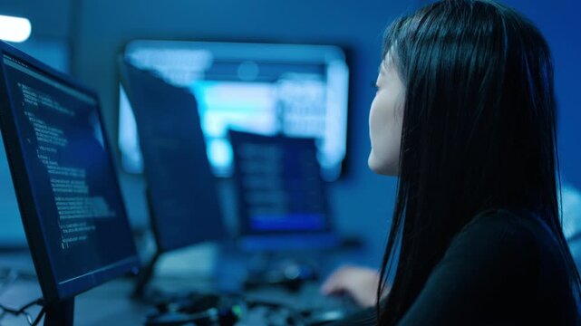 Focused young Asian woman software engineer working on computer code in a dark IT office with blue lighting. Professional female programmer analyzing network data and developing digital security.