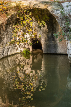 Ein Horshat an natural spring coming out of the side of a hill in Nahal Hashofet Park at Ramat Menashe Forest part of the Carmel mountain range in Israel. The Hebrew says My mother's spring.

