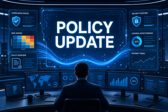 Business professional monitoring a futuristic policy update dashboard with compliance, risk, security, and incident analytics in a command center.