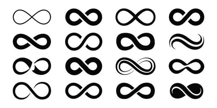 infinity icon collection featuring endless loop symbols, eternity signs, and unlimited abstract shapes in clean flat style for modern vector design